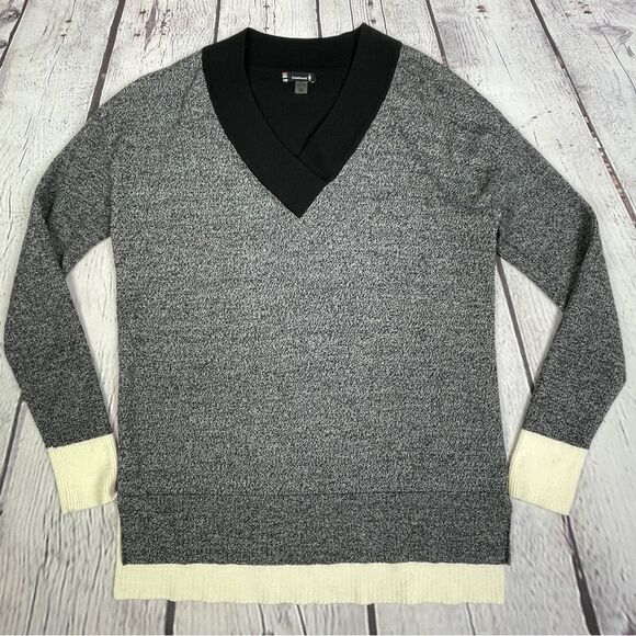 SMARTWOOL gray black ivory merino wool v-neck long sweater, size M - Picture 9 of 14